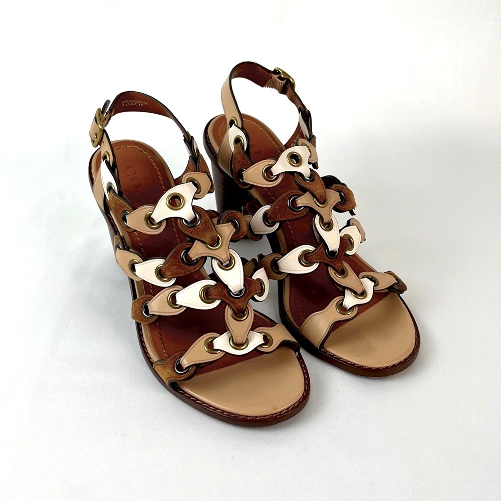 Coach Mid Heel Sandal Links Size 6.5 white Nude Brown Tones - Picture 2 of 15